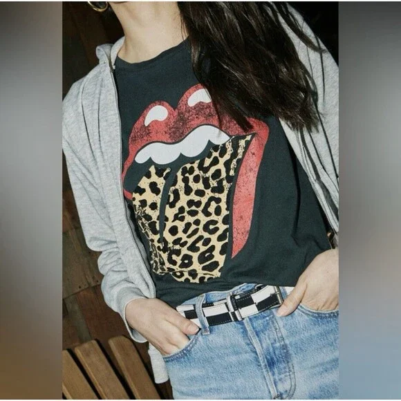 Free People x Daydreamer Rolling Stones Leopard Band T-shirt Sz S Rock Metal - Picture 2 of 16